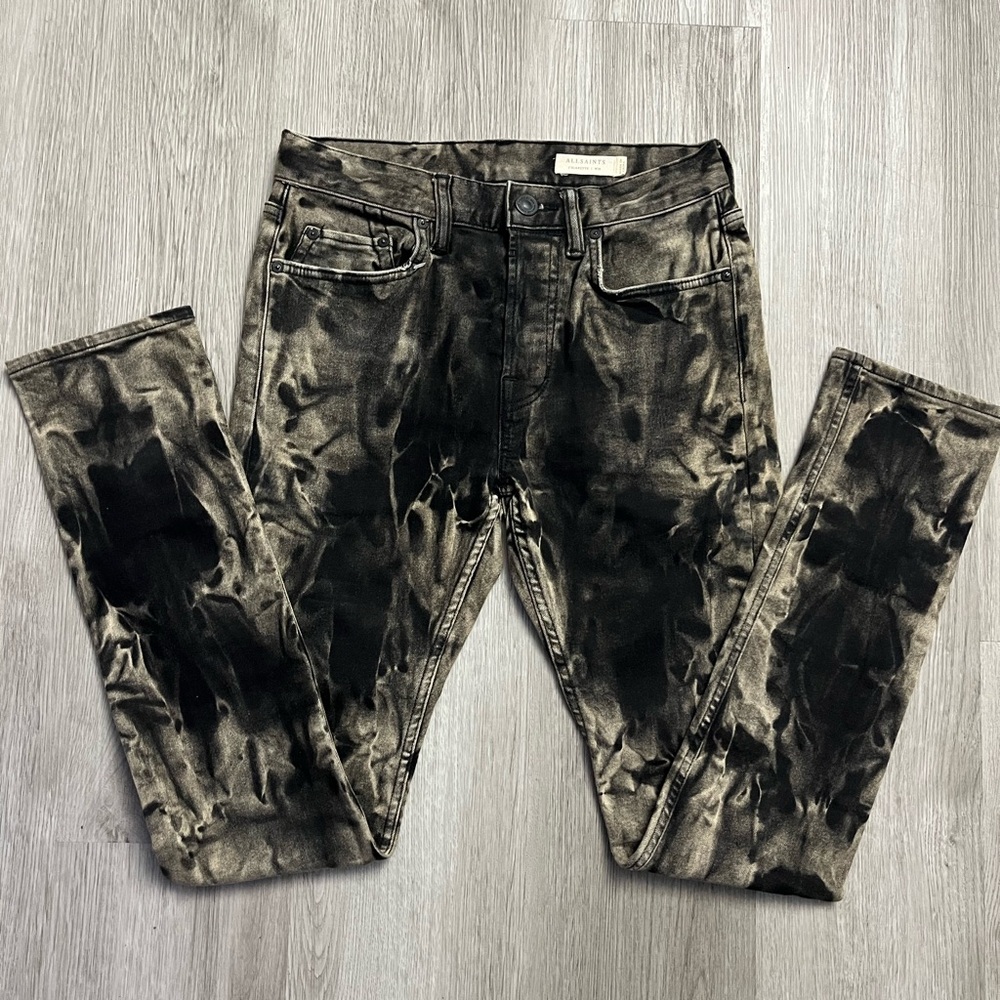 0011–All Saints Men's Black & Gray Tie-Dye Skinny Jeans